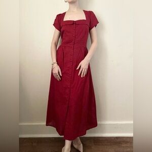Romantic Burgundy Red Button Corset Cottagecore Vintage Inspired Midi Dress